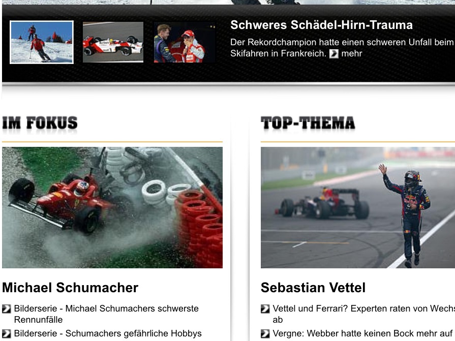 Die Meldung über den schweren Skiunfall von Michael Schumacher ergänzt das Motorsport-Magazin mit Crash-Bildern. (Screenshot vom Nachmittag)