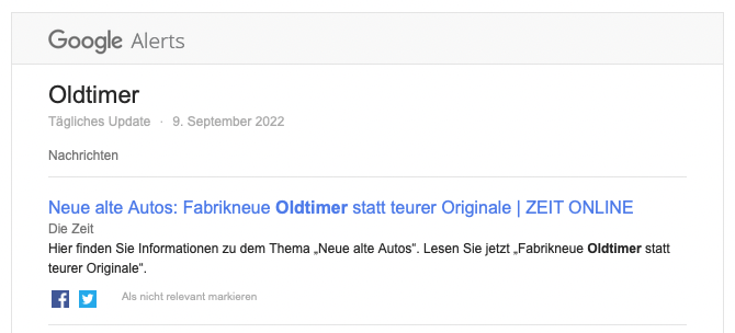 Ausschnitt aus meiner Mail von Google News – ich verfolge regelmäßig aktuelle Oldtimer-Themen.